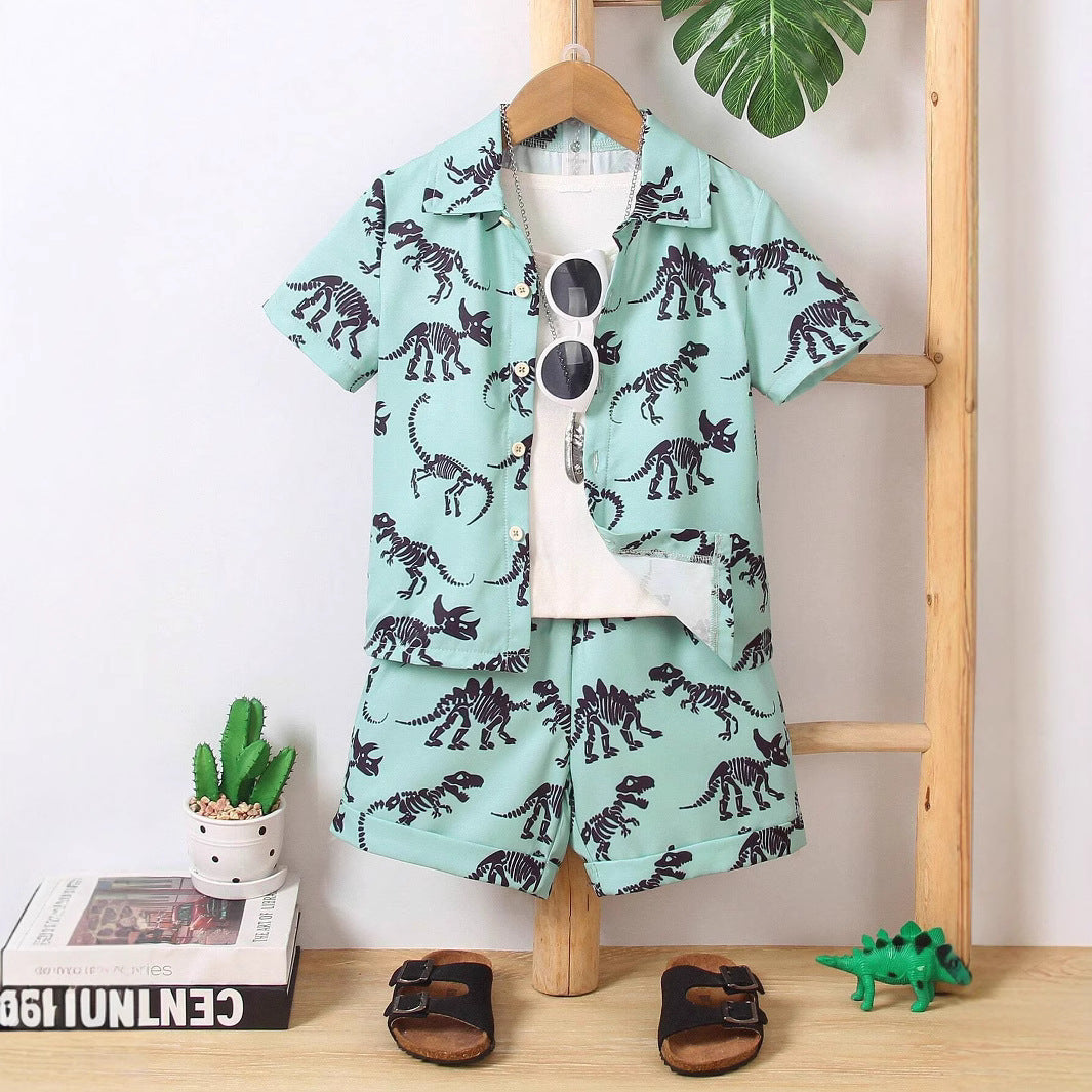 Baby Short Sleeve Shorts Cardigan Two-piece Set Animal Dinosaur Print
