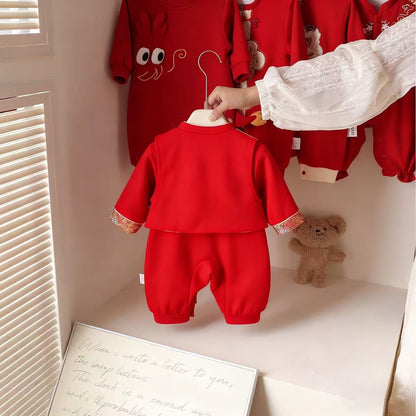 AutumnWinter Red Festive Fleece-Lined Warm RomperCrawling Suit