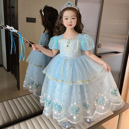 Girls' Princess Long Short-sleeved Dress