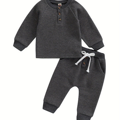 Toddler Thicken Waffle Clothes Set Boy Girls Buttons Round