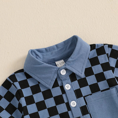 Boys' Lapel Plaid Short Sleeve T-shirt Shorts Set
