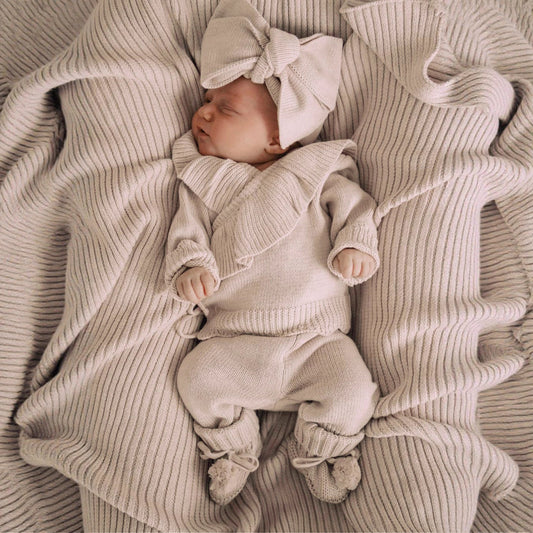 Baby Ruffle-Trim Sweater Cardigan Outfit Pants Headband 3-Piece Set