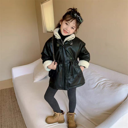 Girls' Winter Fleece-lined Medium Leather Coat