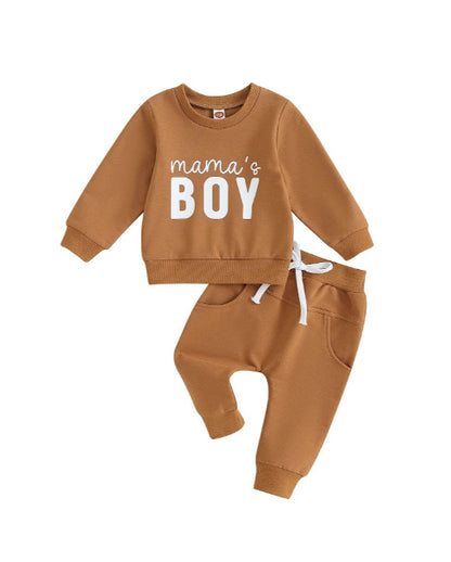 Solid Color Boy Letter Printed Round Neck Long Sleeve Trousers Suit