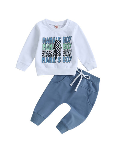 Casual Boy Letter Floral Print Long Sleeve Pullover Trousers Suit