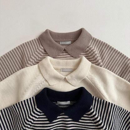 Children's Polo Collar Stripes Knitted Sweater