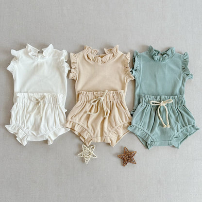 Rib Cotton Short Sleeve Wooden Ear Rompers Jumpsuit