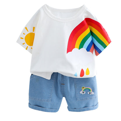 Boys And Girls Short-sleeved Denim Five-point Pants Two-piece Cute Pants Suit Cotton Short-sleeved