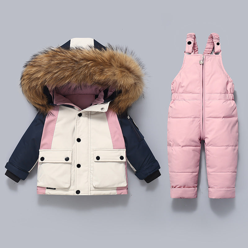 Thickened Down Jacket And Bib Overalls Two-Piece Set For Kids