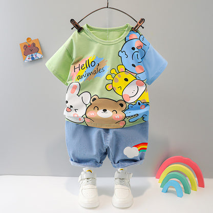 Boys And Girls Short-sleeved Denim Five-point Pants Two-piece Cute Pants Suit Cotton Short-sleeved