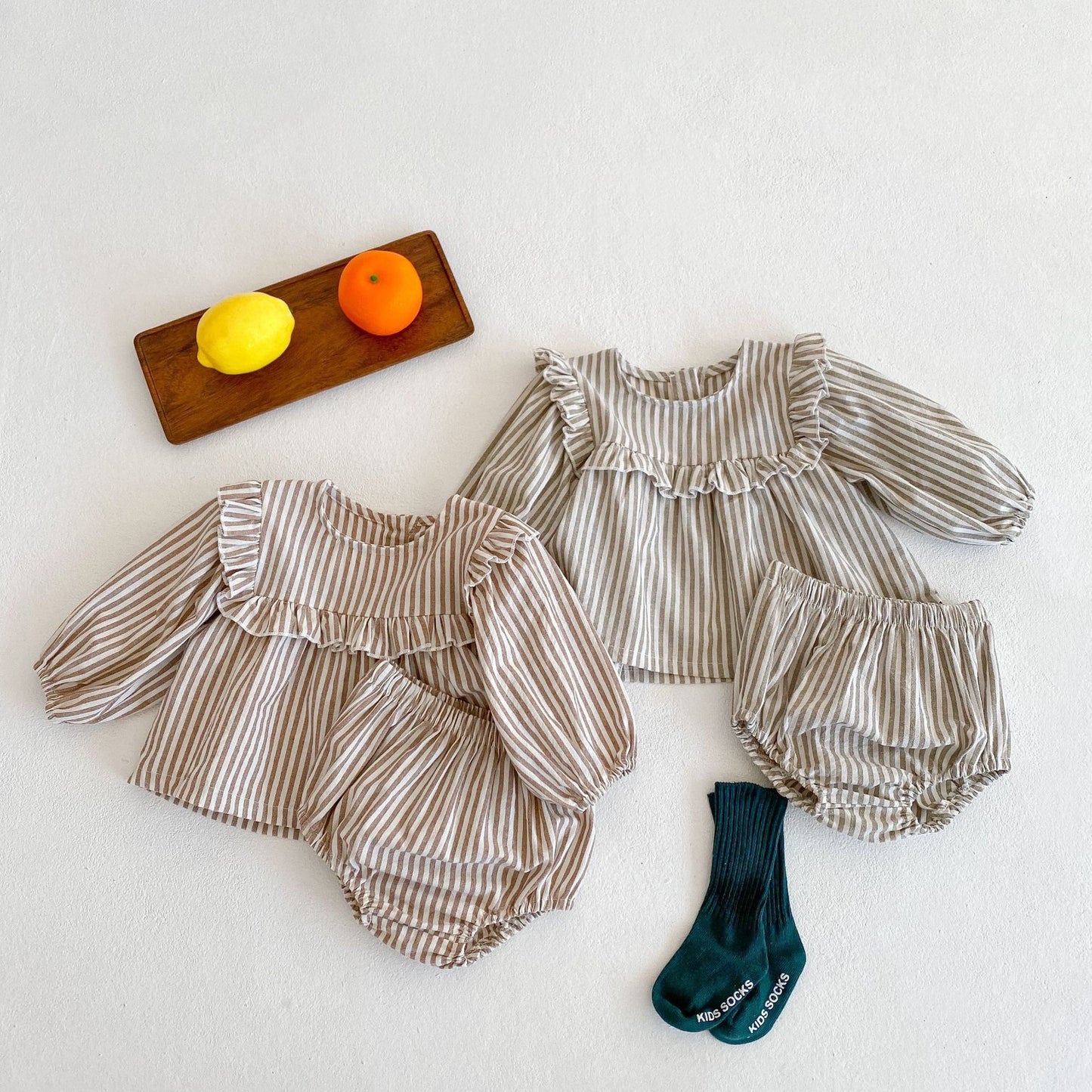 Cotton Baby Ruffle Collar Striped Long Sleeved Skirt Bread Pants Set