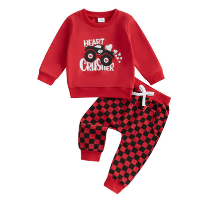 Long Sleeve Letter Heart Printing Sweater Chessboard Plaid Trousers Suit