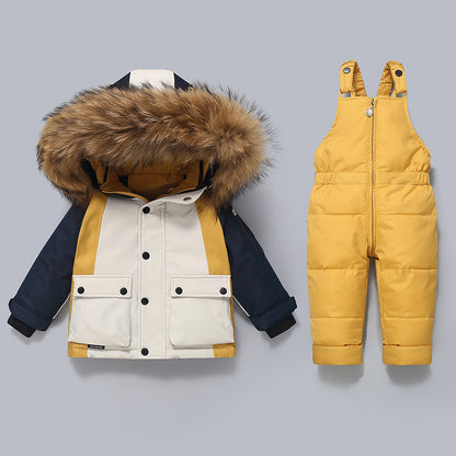 Thickened Down Jacket And Bib Overalls Two-Piece Set For Kids