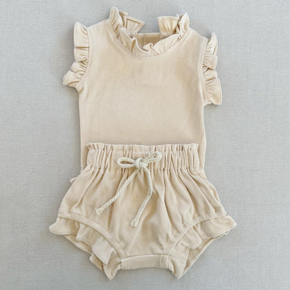 Rib Cotton Short Sleeve Wooden Ear Rompers Jumpsuit