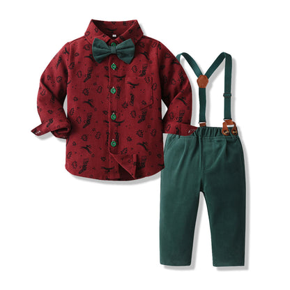 Boys' Cotton Long Sleeved Shirt And Overalls Set