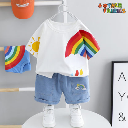 Boys And Girls Short-sleeved Denim Five-point Pants Two-piece Cute Pants Suit Cotton Short-sleeved