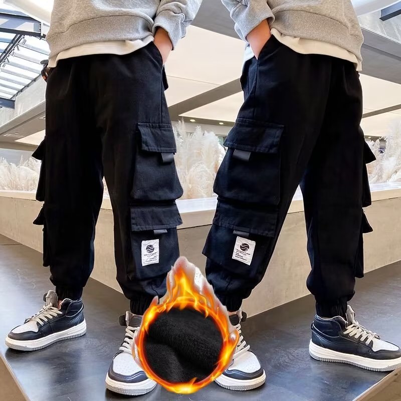 Men's Medium And Large Children's Multi-bag Fleece Ankle-tied Casual Working Pants Tide
