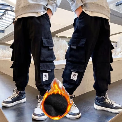 Men's Medium And Large Children's Multi-bag Fleece Ankle-tied Casual Working Pants Tide