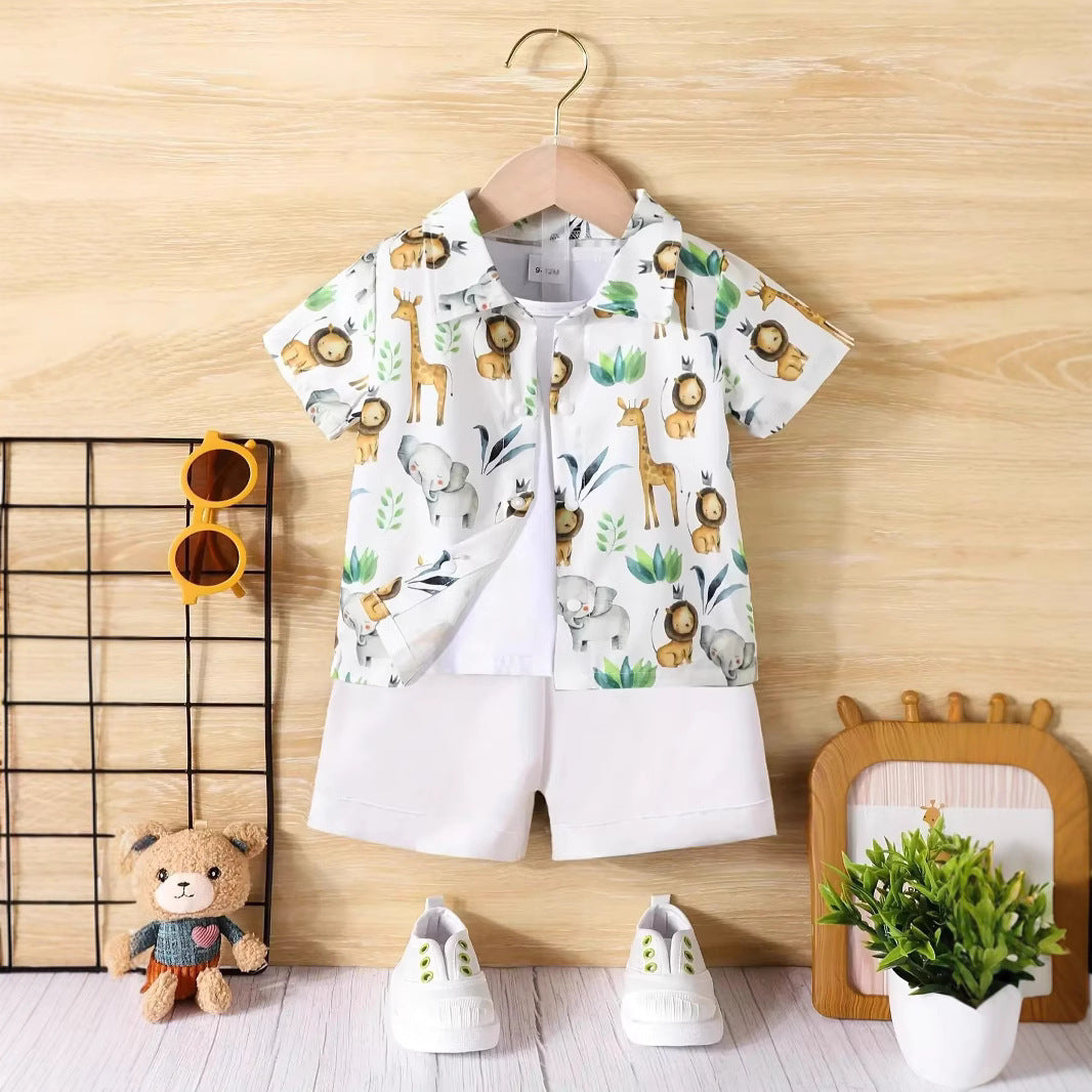 Baby Short Sleeve Shorts Cardigan Two-piece Set Animal Dinosaur Print