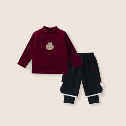 Ensemble de survêtement bébé en polaire d'hiver, doublure molletonnée, épaissie, style coréen, ensemble pantalon une pièce effet deux pièces