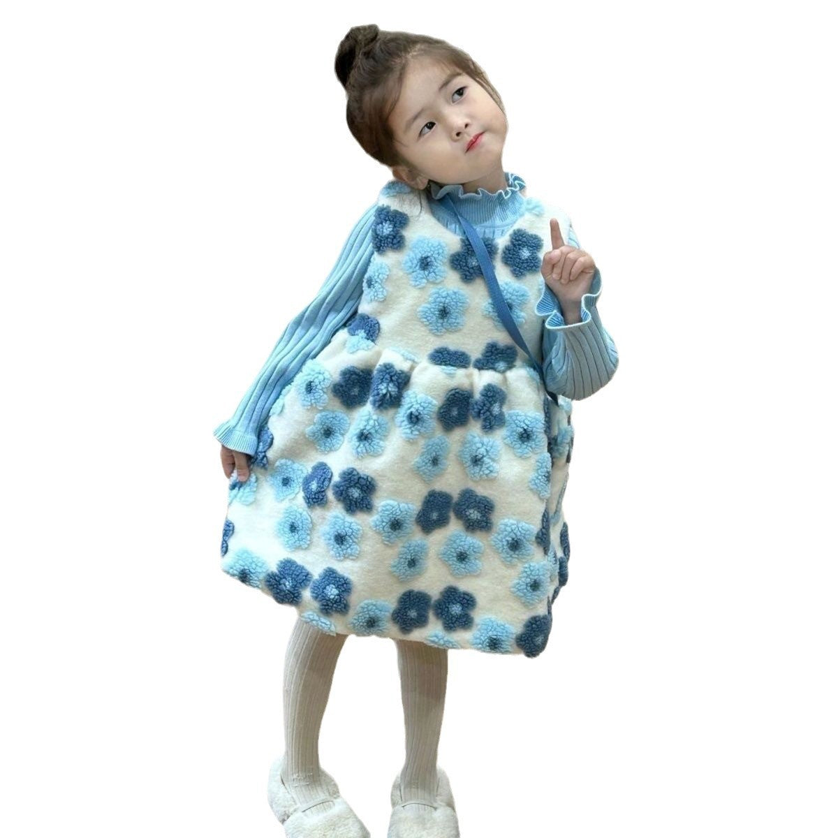 Winter New Girls' Sweater With Stringy Selvedge Flower Fleece-lined Vest Dress