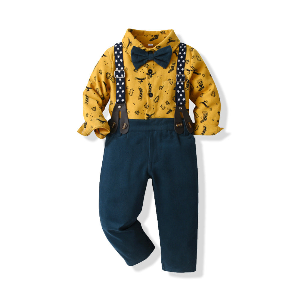 Boys' Cotton Long Sleeved Shirt And Overalls Set