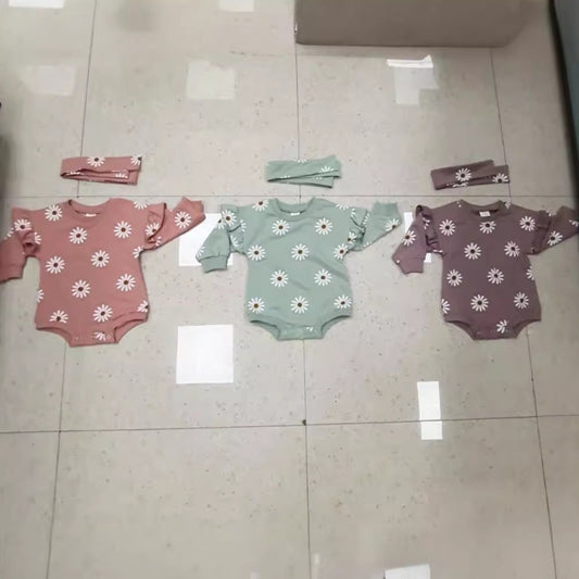 Printed Flounced Sleeve Romper Headscarf