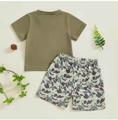 Boy's Camouflage Printed Faux Pocket Short Sleeve Top Suit