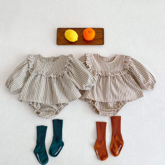 Cotton Baby Ruffle Collar Striped Long Sleeved Skirt Bread Pants Set