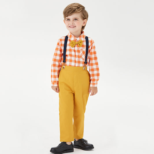 Boys' Cotton Long Sleeved Shirt And Overalls Set