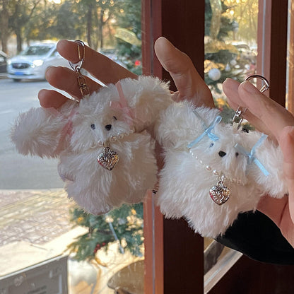 Niche Girl Heart Ribbon Pearl Bow Bunny Keychain Plush Pendant