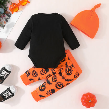 Baby Halloween Letter Long-sleeve Jumpsuit Pumpkin Pattern Trousers Hat Suit