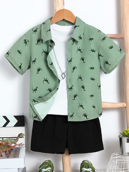 Baby Short Sleeve Shorts Cardigan Two-piece Set Animal Dinosaur Print