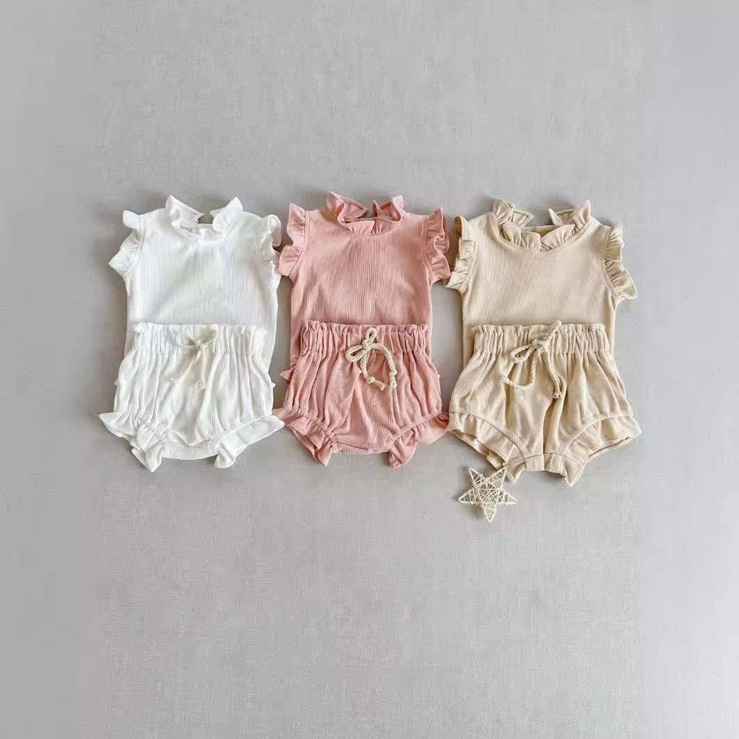 Rib Cotton Short Sleeve Wooden Ear Rompers Jumpsuit