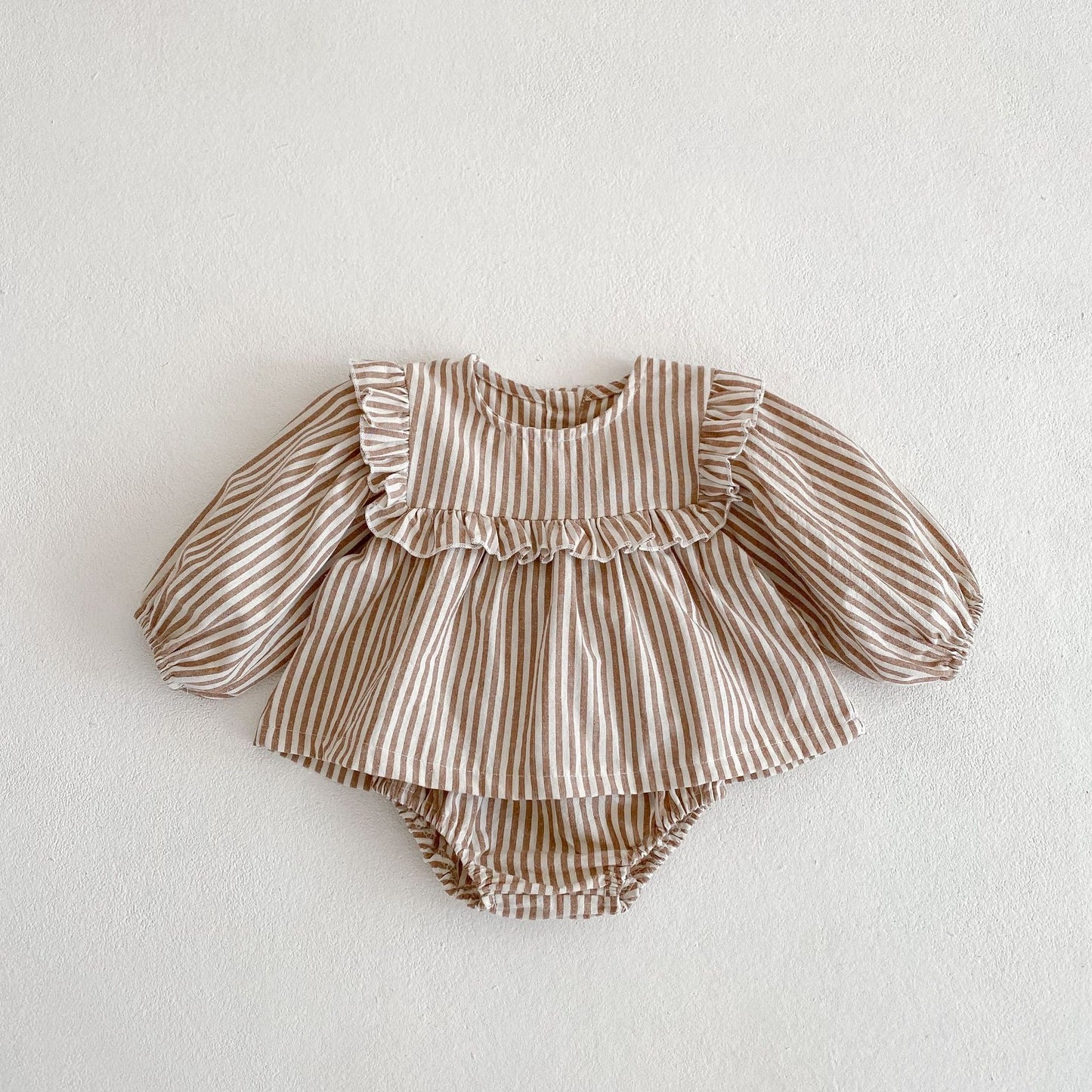 Cotton Baby Ruffle Collar Striped Long Sleeved Skirt Bread Pants Set