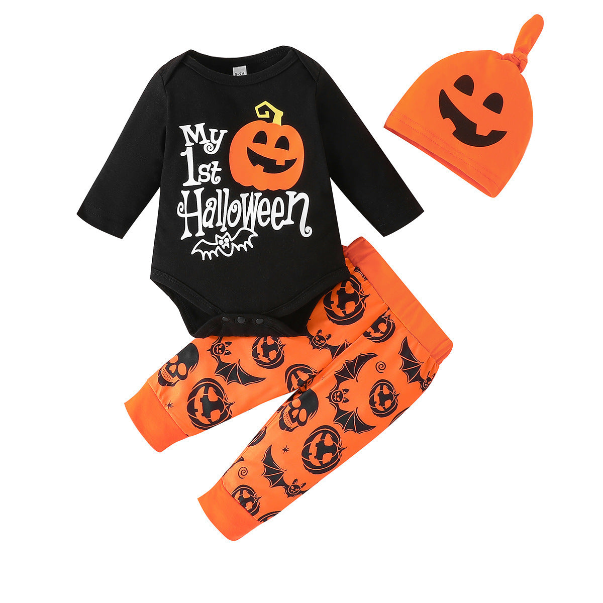 Baby Halloween Letter Long-sleeve Jumpsuit Pumpkin Pattern Trousers Hat Suit