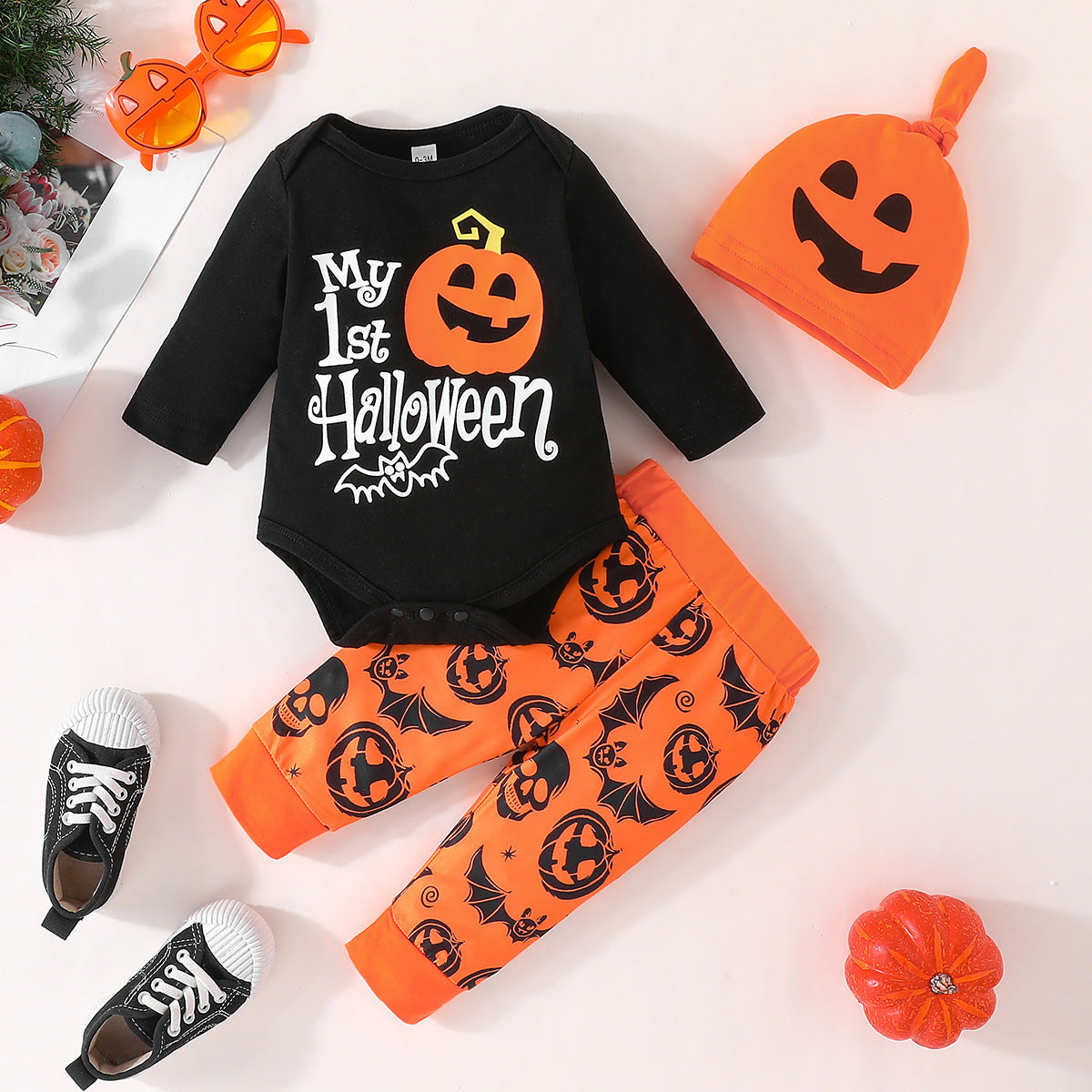 Baby Halloween Letter Long-sleeve Jumpsuit Pumpkin Pattern Trousers Hat Suit