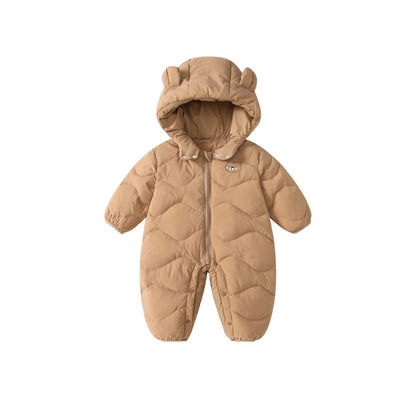 Baby Solid Color Cartoon Print Hooded Down Jumpsuit