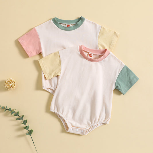 Baby Solid Color Stitching Romper Short Sleeve