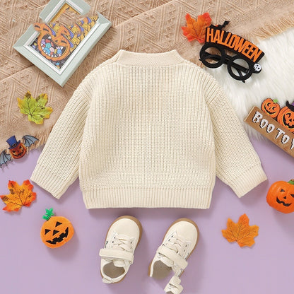 Baby Halloween Three-dimensional Pumpkin Pattern Knitted Long-sleeved V-neck Cardigan