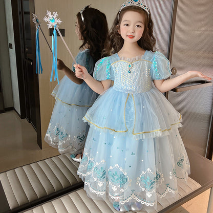 Girls' Princess Long Short-sleeved Dress