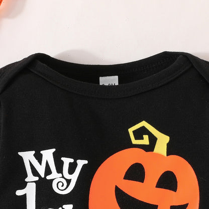 Baby Halloween Letter Long-sleeve Jumpsuit Pumpkin Pattern Trousers Hat Suit