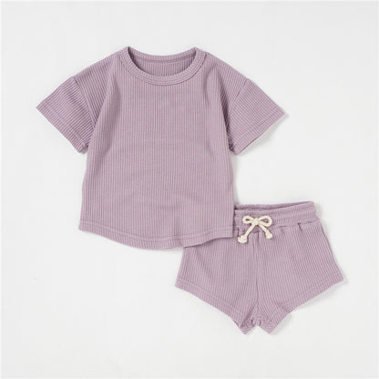 Children's Short-sleeved Suit Solid Color Baby Short Sleeve Two-piece Suit