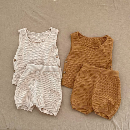 Vest Open Button Top Shorts Boys And Girls Baby 2 Pieces Suit