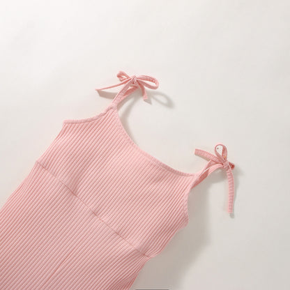 Summer Girls' Sunken Stripe Cotton Solid Color Sling One-piece Bell-bottom Pants
