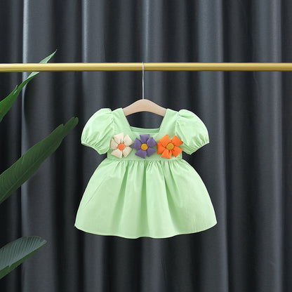 Girl's Square Collar Puff Sleeve Princess Dress
