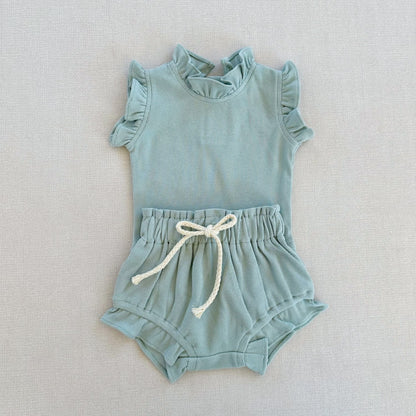 Rib Cotton Short Sleeve Wooden Ear Rompers Jumpsuit