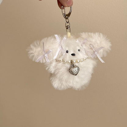 Niche Girl Heart Ribbon Pearl Bow Bunny Keychain Plush Pendant