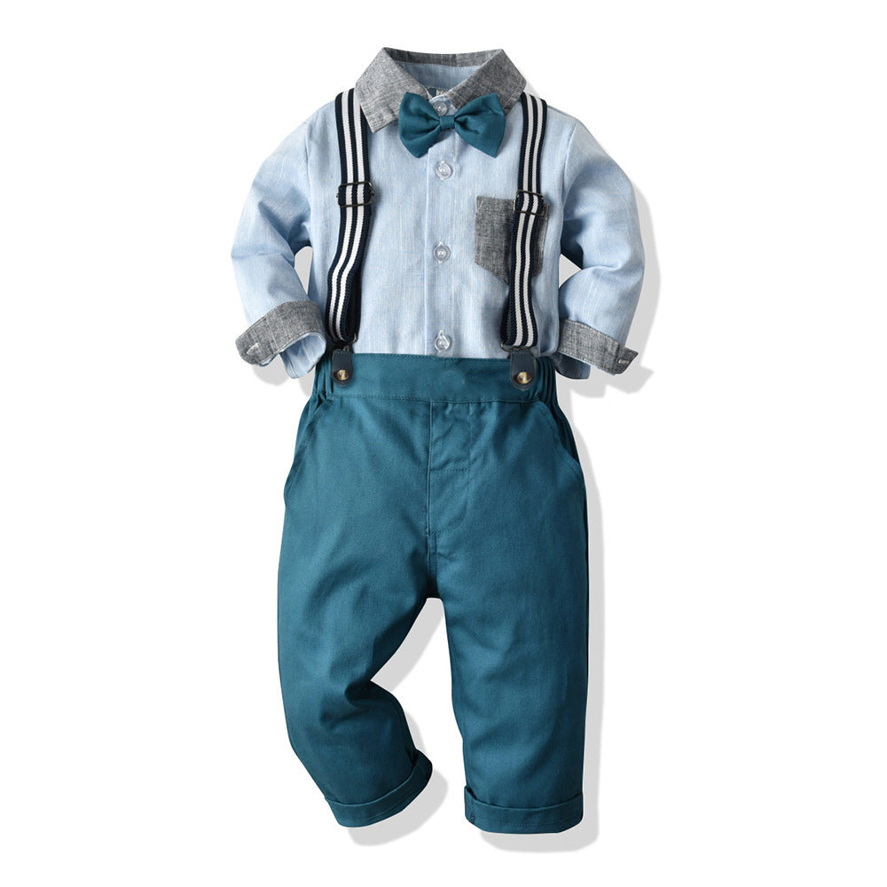 Boys' Cotton Long Sleeved Shirt And Overalls Set