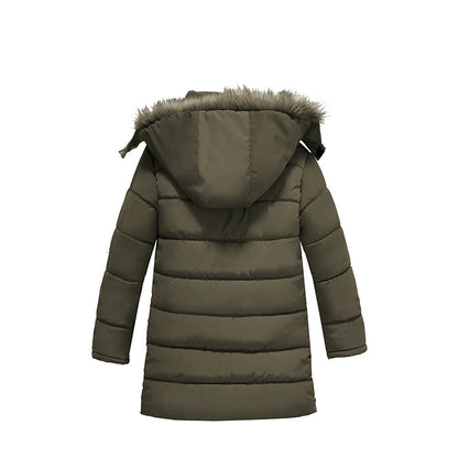 Chaqueta acolchada de algodón cálido con cuello de piel grande para niños